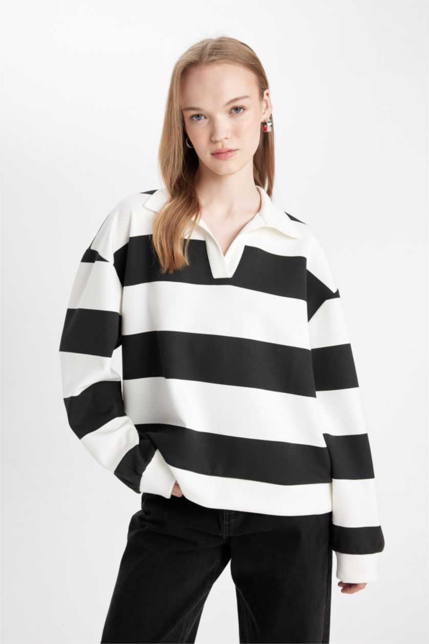 Kadın Kırık Beyaz Oversize Geniş Kalıp Çizgili Polo Yaka Kalın Sweatshirt