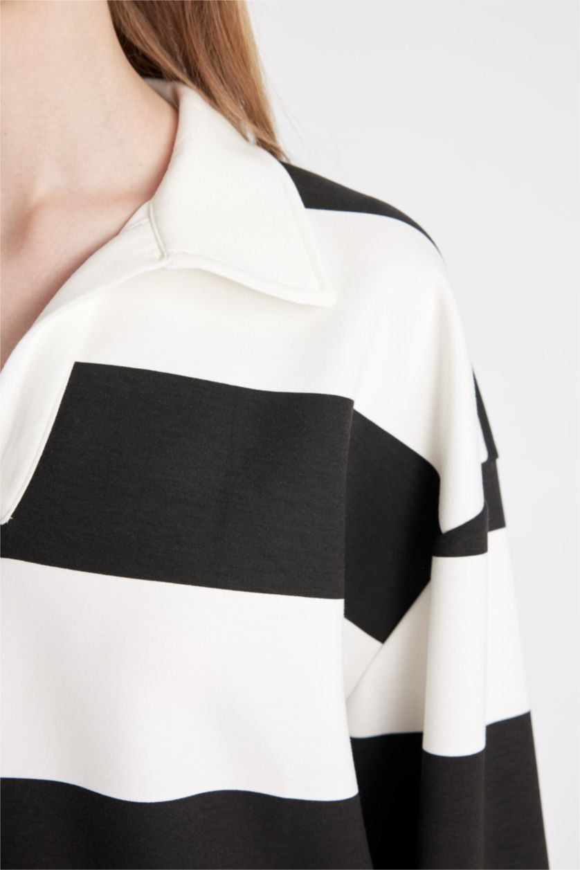 Kadın Kırık Beyaz Oversize Geniş Kalıp Çizgili Polo Yaka Kalın Sweatshirt