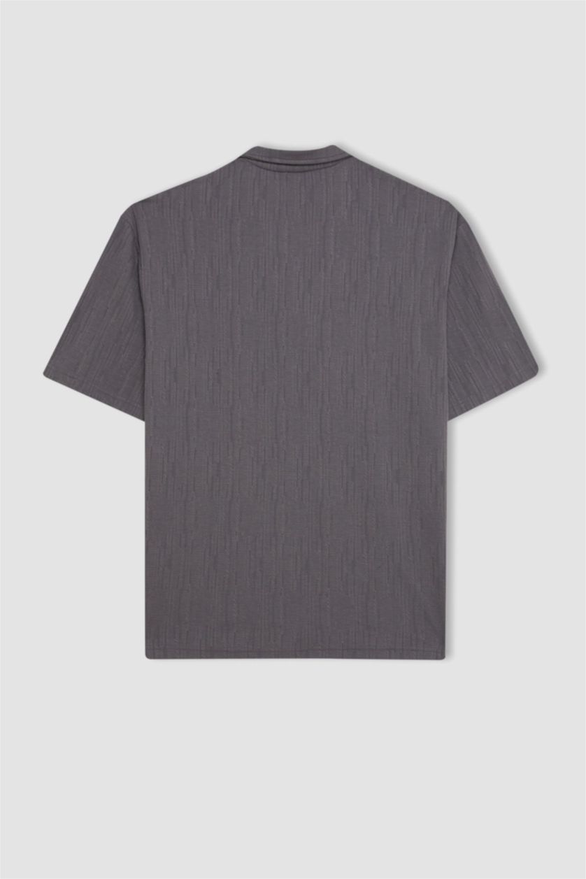 Erkek Gri Regular Fit Yazlık Apaş Yaka Dokulu Kısa Kollu Gömlek