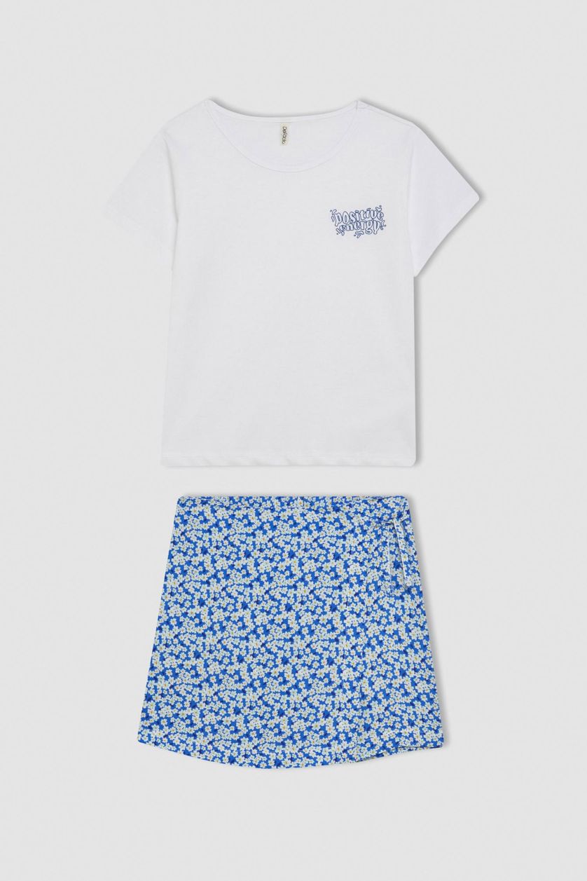 Kız Çocuk - Genç Kız Beyaz Kız Çocuk 2'li Takım Viskon Kısa Kollu Tişört Çiçekli Şort Etek