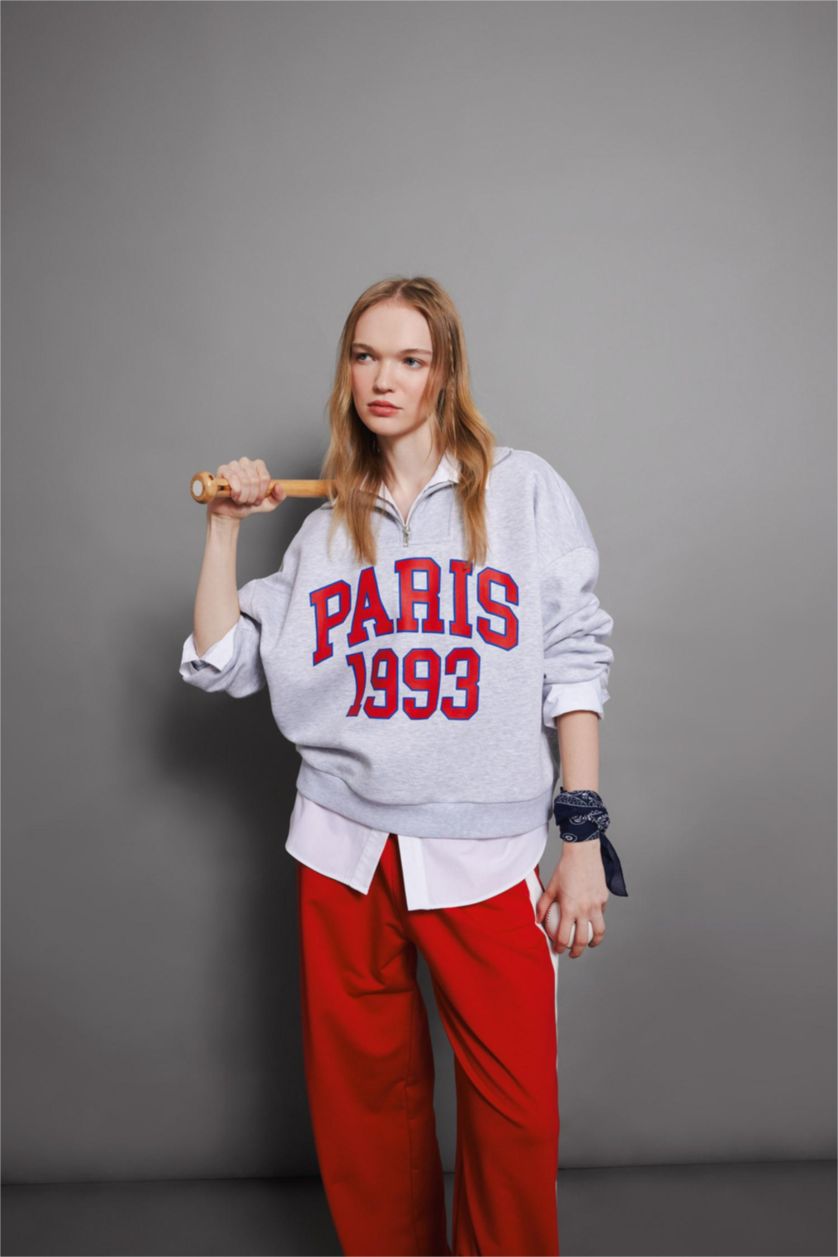 Woman Grey Melange Oversize Fit Half Zippered Printed Thick Fabric Sweatshirt