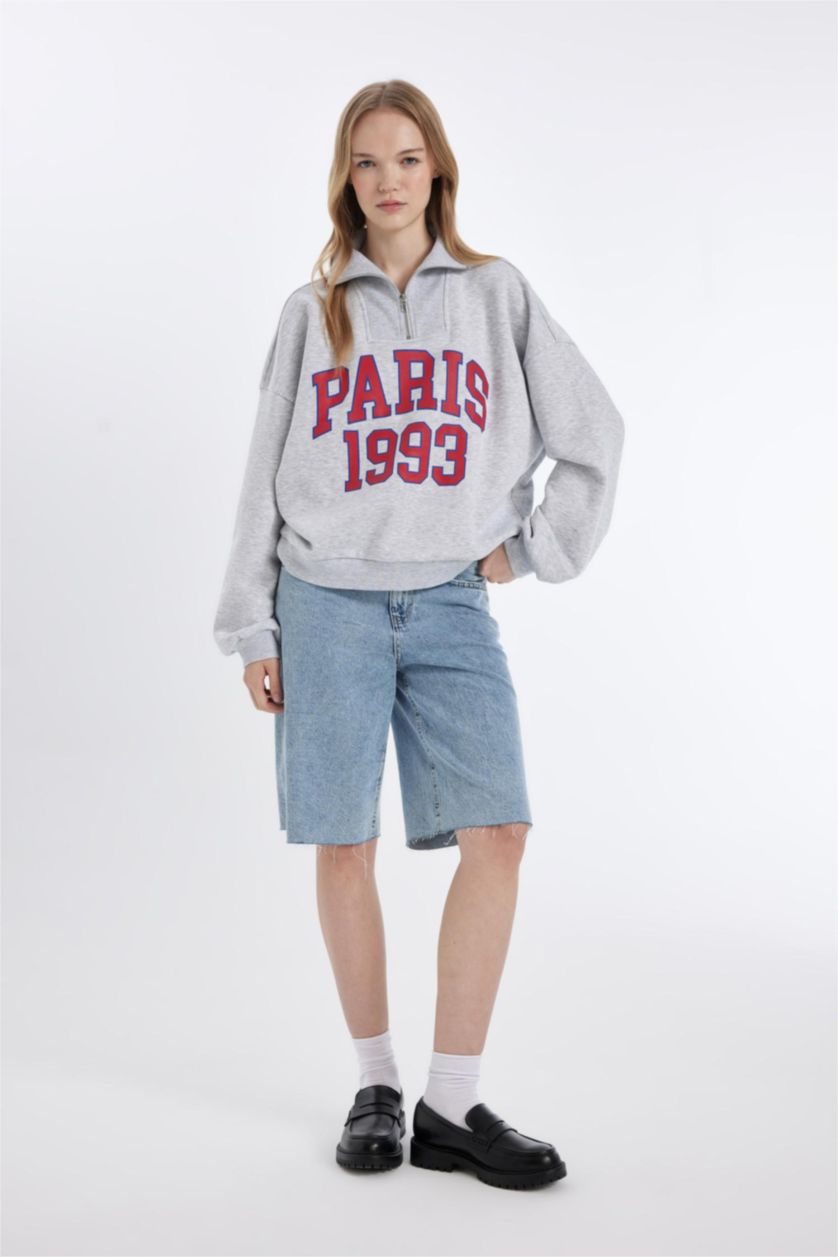 Woman Grey Melange Oversize Fit Half Zippered Printed Thick Fabric Sweatshirt