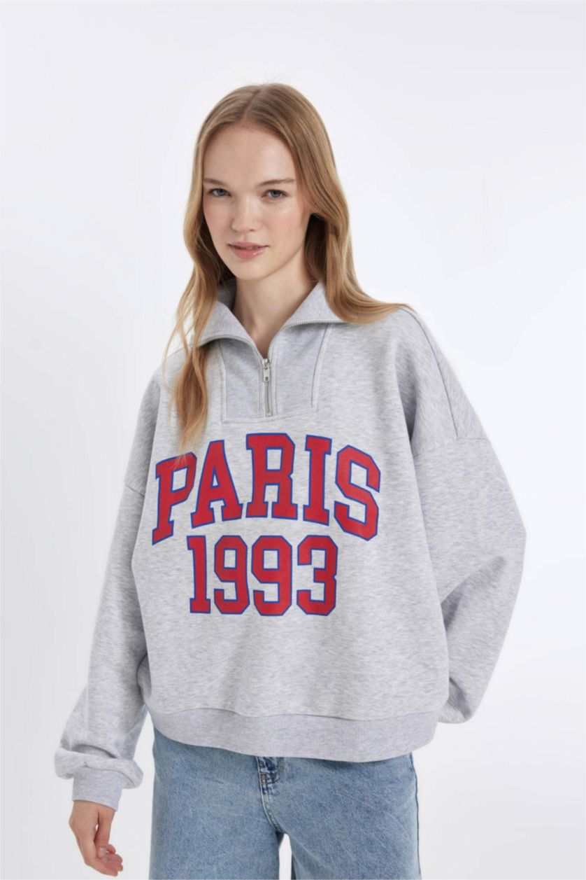 Woman Grey Melange Oversize Fit Half Zippered Printed Thick Fabric Sweatshirt