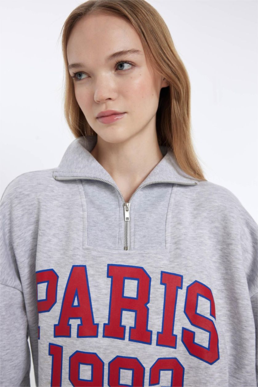 Woman Grey Melange Oversize Fit Half Zippered Printed Thick Fabric Sweatshirt
