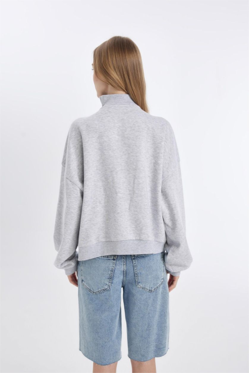 Woman Grey Melange Oversize Fit Half Zippered Printed Thick Fabric Sweatshirt