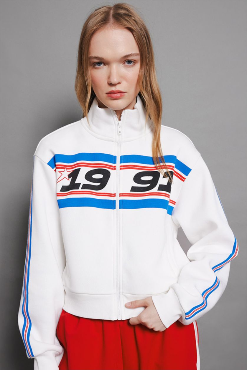 FEMME Blanc Sweat-shirt épais imprimé à coupe Ample et à fermeture éclair