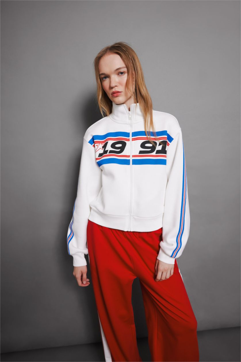 FEMME Blanc Sweat-shirt épais imprimé à coupe Ample et à fermeture éclair