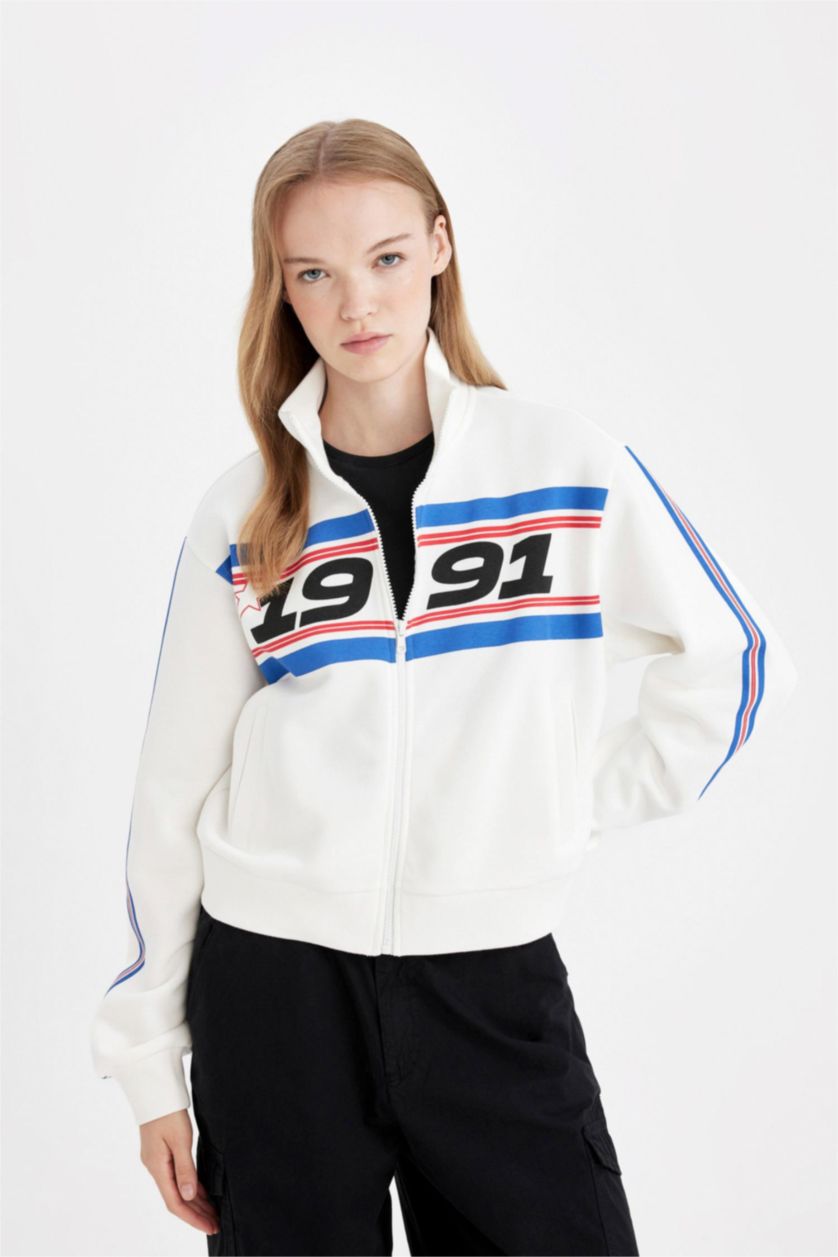 FEMME Blanc Sweat-shirt épais imprimé à coupe Ample et à fermeture éclair