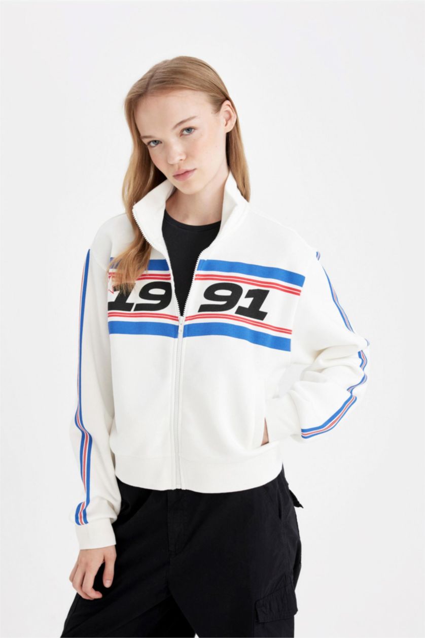 FEMME Blanc Sweat-shirt épais imprimé à coupe Ample et à fermeture éclair