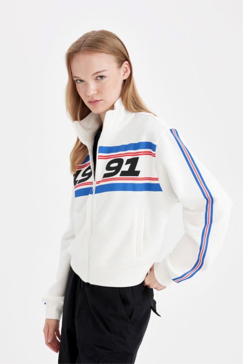 FEMME Blanc Sweat-shirt épais imprimé à coupe Ample et à fermeture éclair