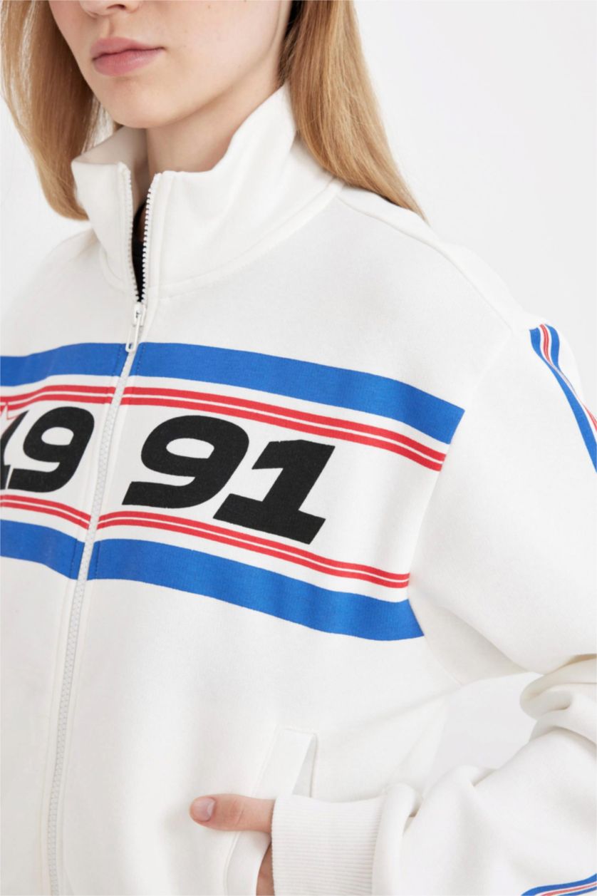 FEMME Blanc Sweat-shirt épais imprimé à coupe Ample et à fermeture éclair