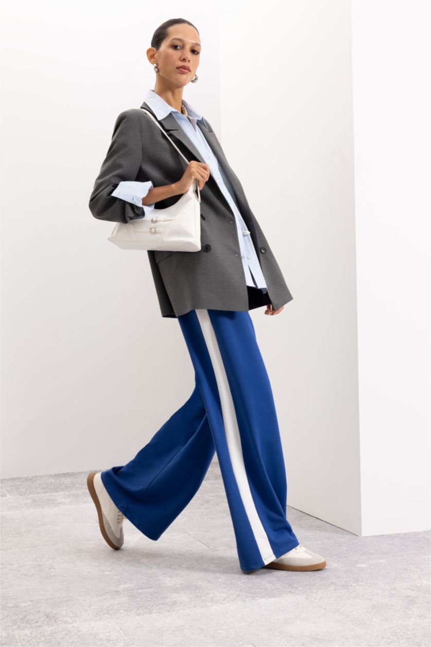 Kadın Saks Wide Leg Geniş Bol Paça Eşofman Altı Geniş Paça Beli Lastikli Bağcıklı Şeritli