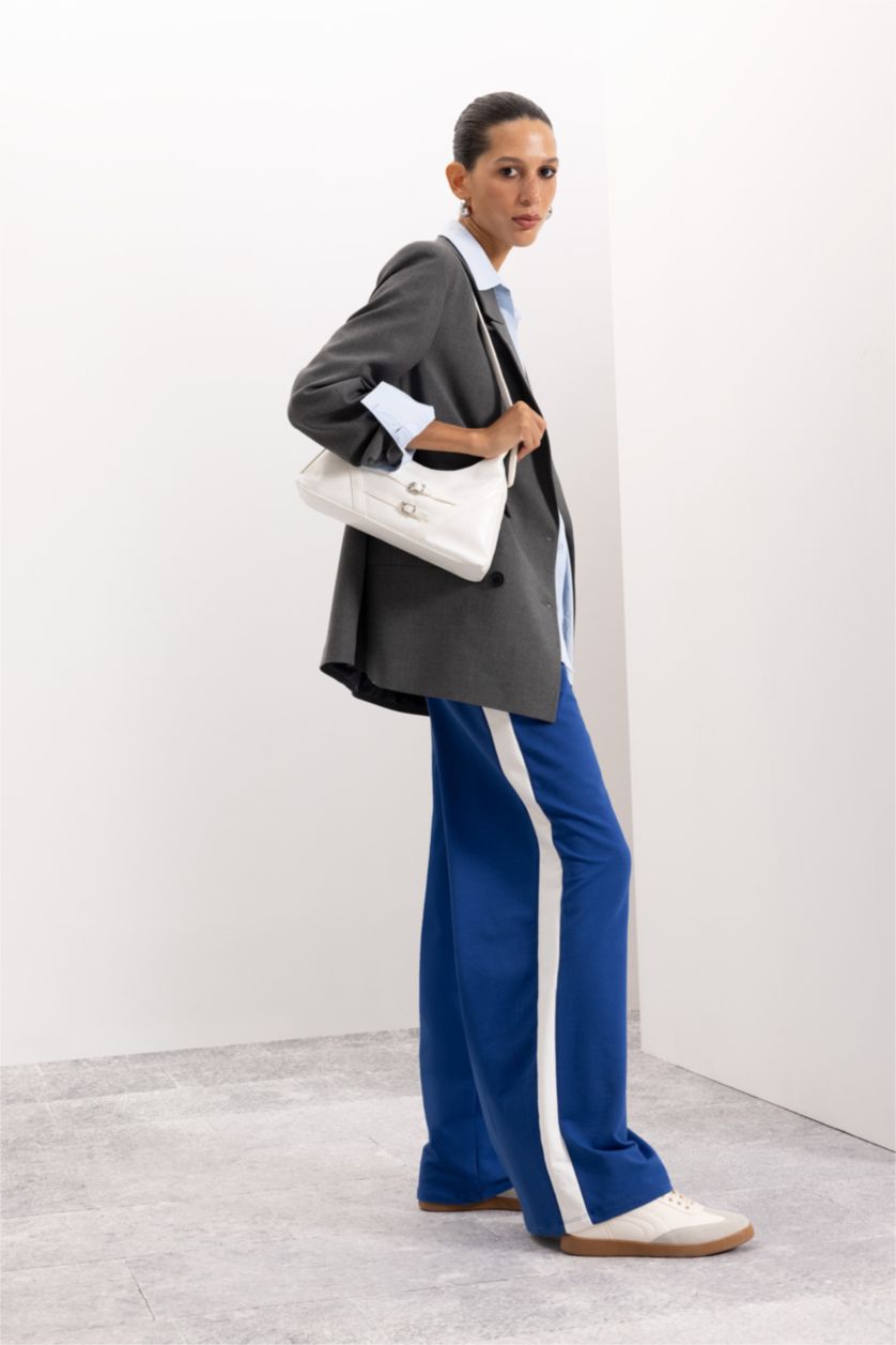 Kadın Saks Wide Leg Geniş Bol Paça Eşofman Altı Geniş Paça Beli Lastikli Bağcıklı Şeritli