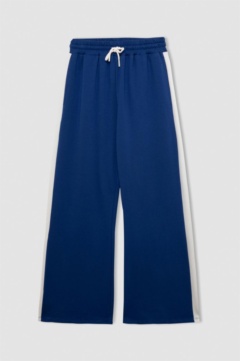 Kadın Saks Wide Leg Geniş Bol Paça Eşofman Altı Geniş Paça Beli Lastikli Bağcıklı Şeritli