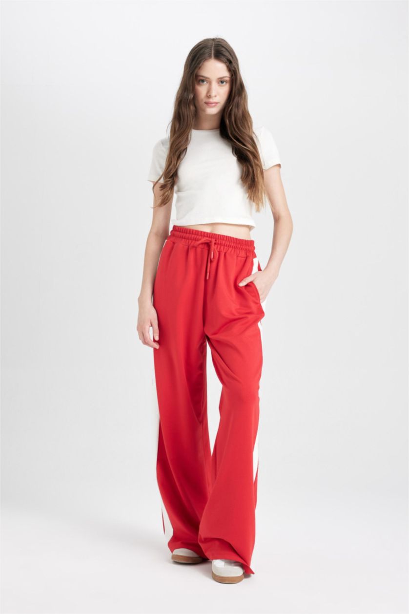 Kadın Kırmızı Wide Leg Geniş Bol Paça Eşofman Altı Geniş Paça Beli Lastikli Bağcıklı Şeritli