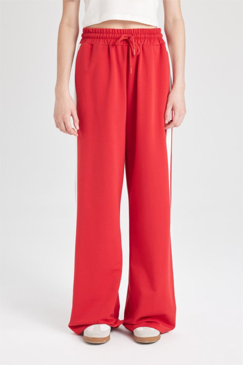 Kadın Kırmızı Wide Leg Geniş Bol Paça Eşofman Altı Geniş Paça Beli Lastikli Bağcıklı Şeritli