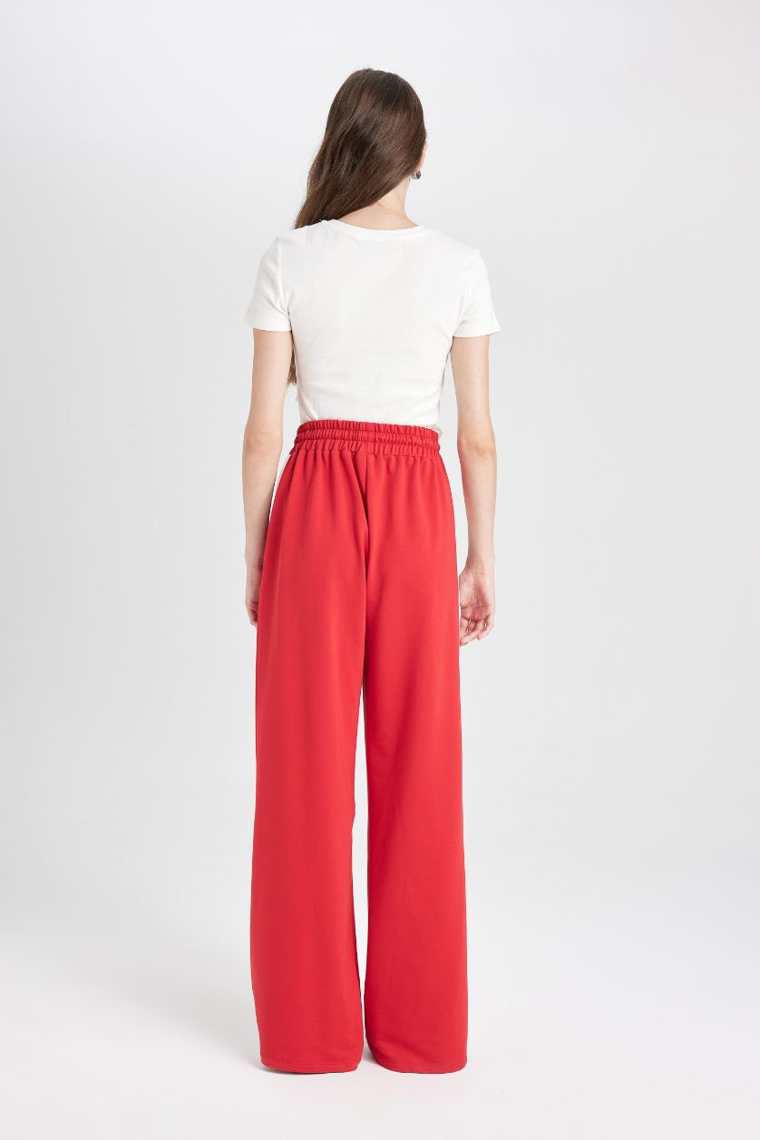 Kadın Kırmızı Wide Leg Geniş Bol Paça Eşofman Altı Geniş Paça Beli Lastikli Bağcıklı Şeritli