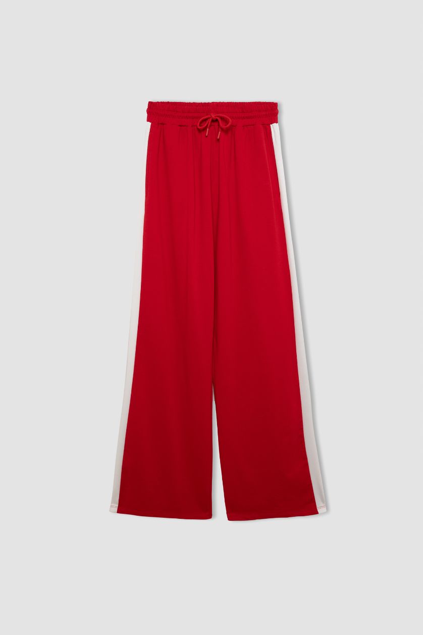 Kadın Kırmızı Wide Leg Geniş Bol Paça Eşofman Altı Geniş Paça Beli Lastikli Bağcıklı Şeritli