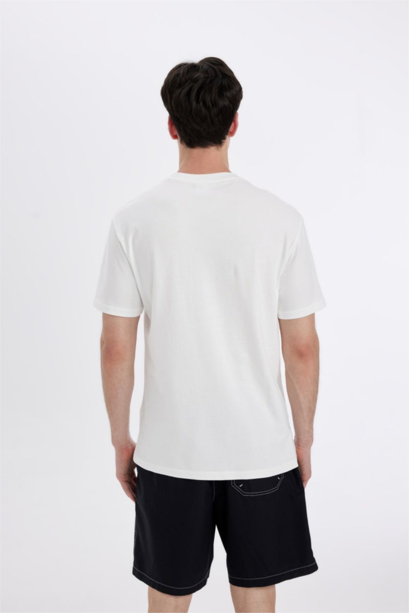 رجالي بيج فاتح تيشيرت مطبوع قصة عادية برقبة مستديرة