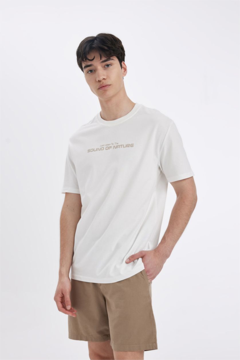 MAN Ecru Regular Fit Crew Neck Printed T-Shirt