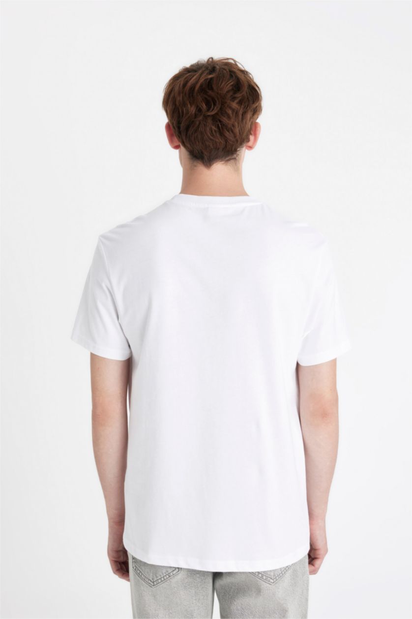 Erkek Beyaz Regular Fit Bisiklet Yaka Baskılı Kısa Kollu Tişört