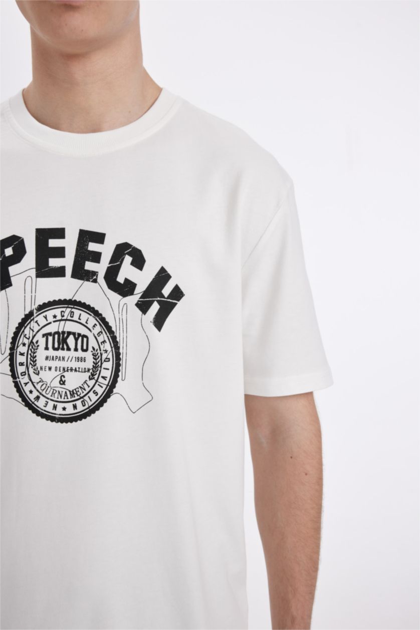 رجالي بيج فاتح تيشيرت مطبوع قصة عادية برقبة مستديرة