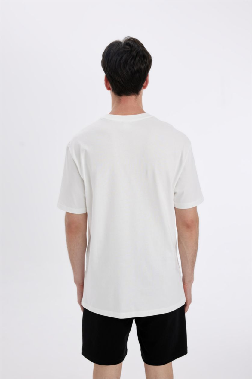 رجالي بيج فاتح تيشيرت مطبوع قصة عادية برقبة مستديرة