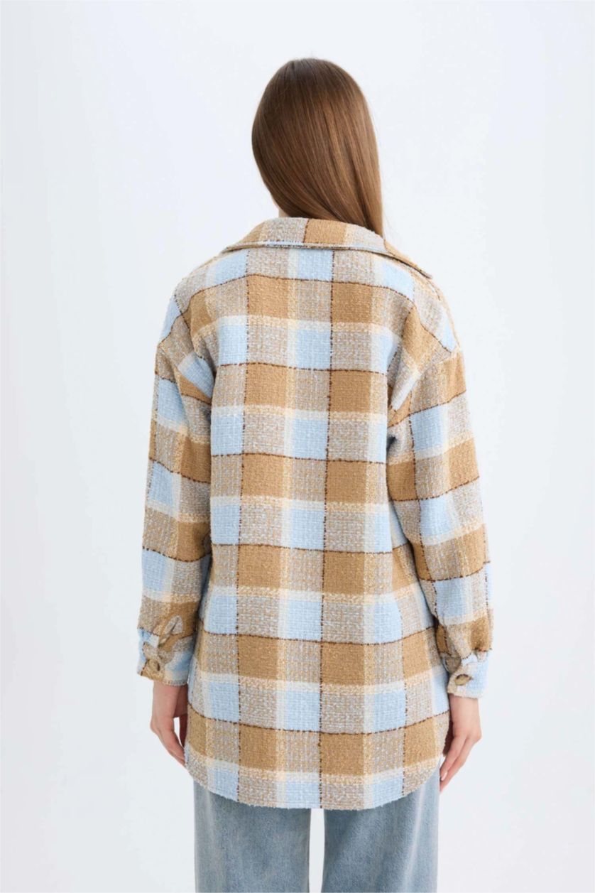 Kadın Mavi Relax Fit Gömlek Yaka Kareli Flanel Uzun Kollu Gömlek Tunik