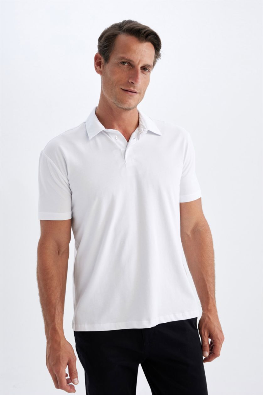 Erkek Beyaz New Regular Fit Polo Yaka Basic Düz Kısa Kollu Tişört