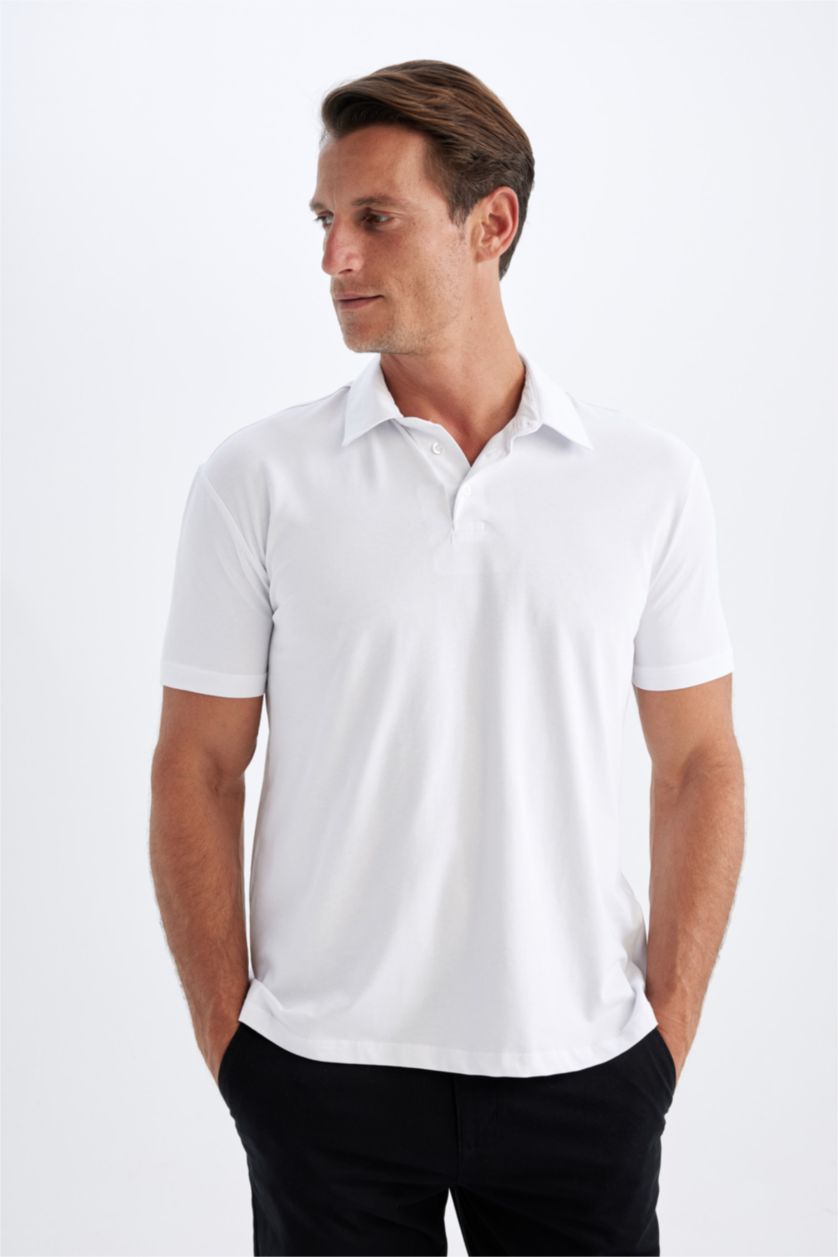 Erkek Beyaz New Regular Fit Polo Yaka Basic Düz Kısa Kollu Tişört