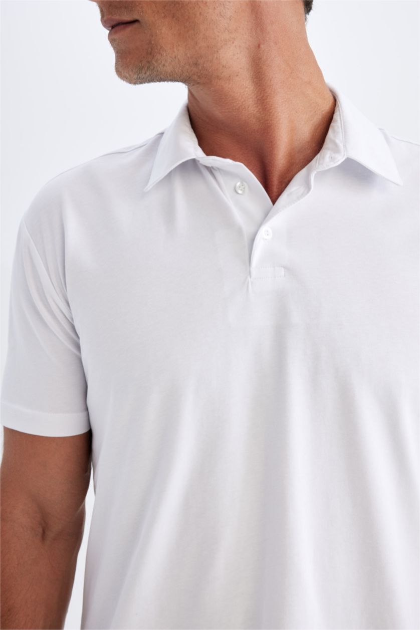 Erkek Beyaz New Regular Fit Polo Yaka Basic Düz Kısa Kollu Tişört