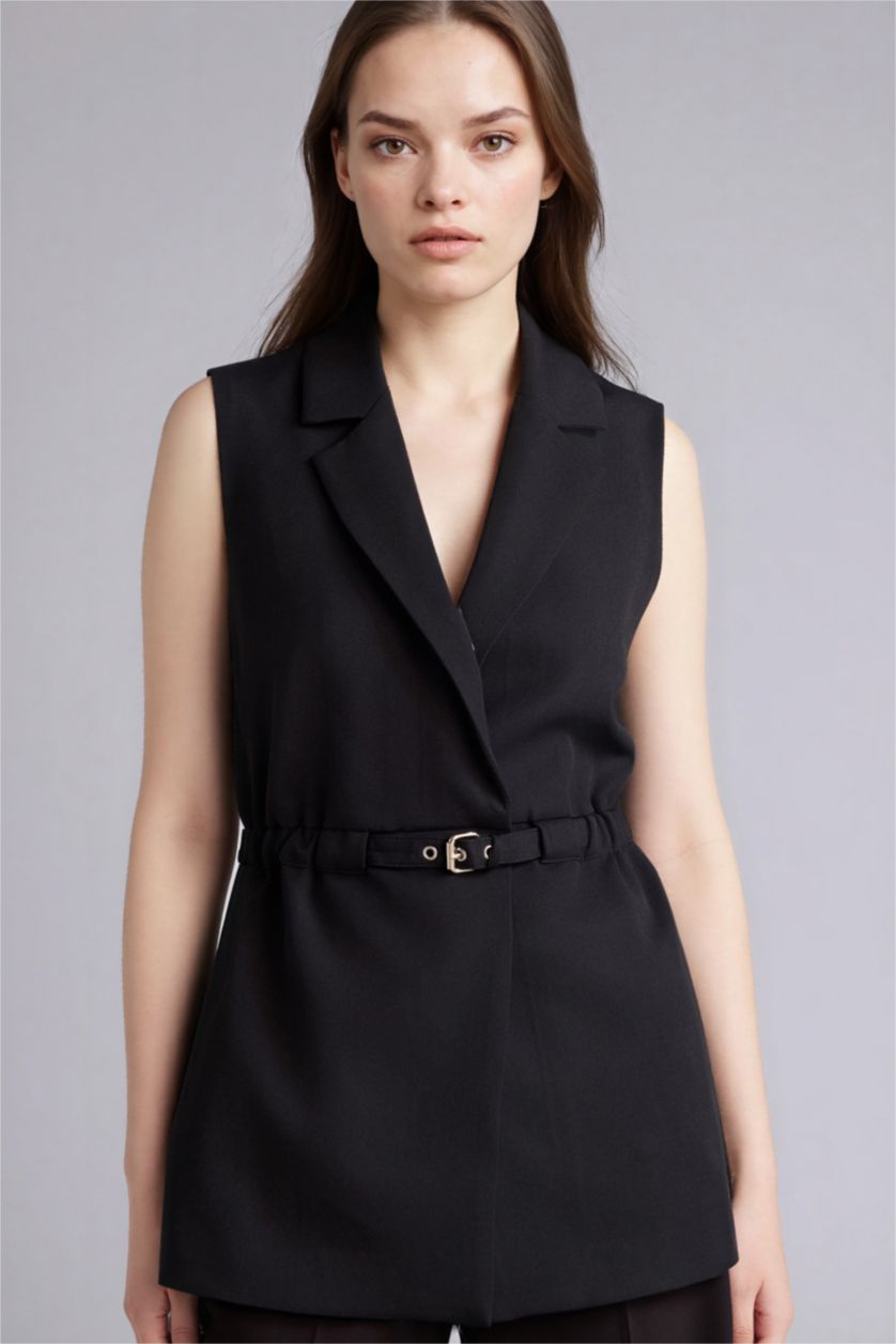Woman Black Slim Fit Jacket Collar Vest