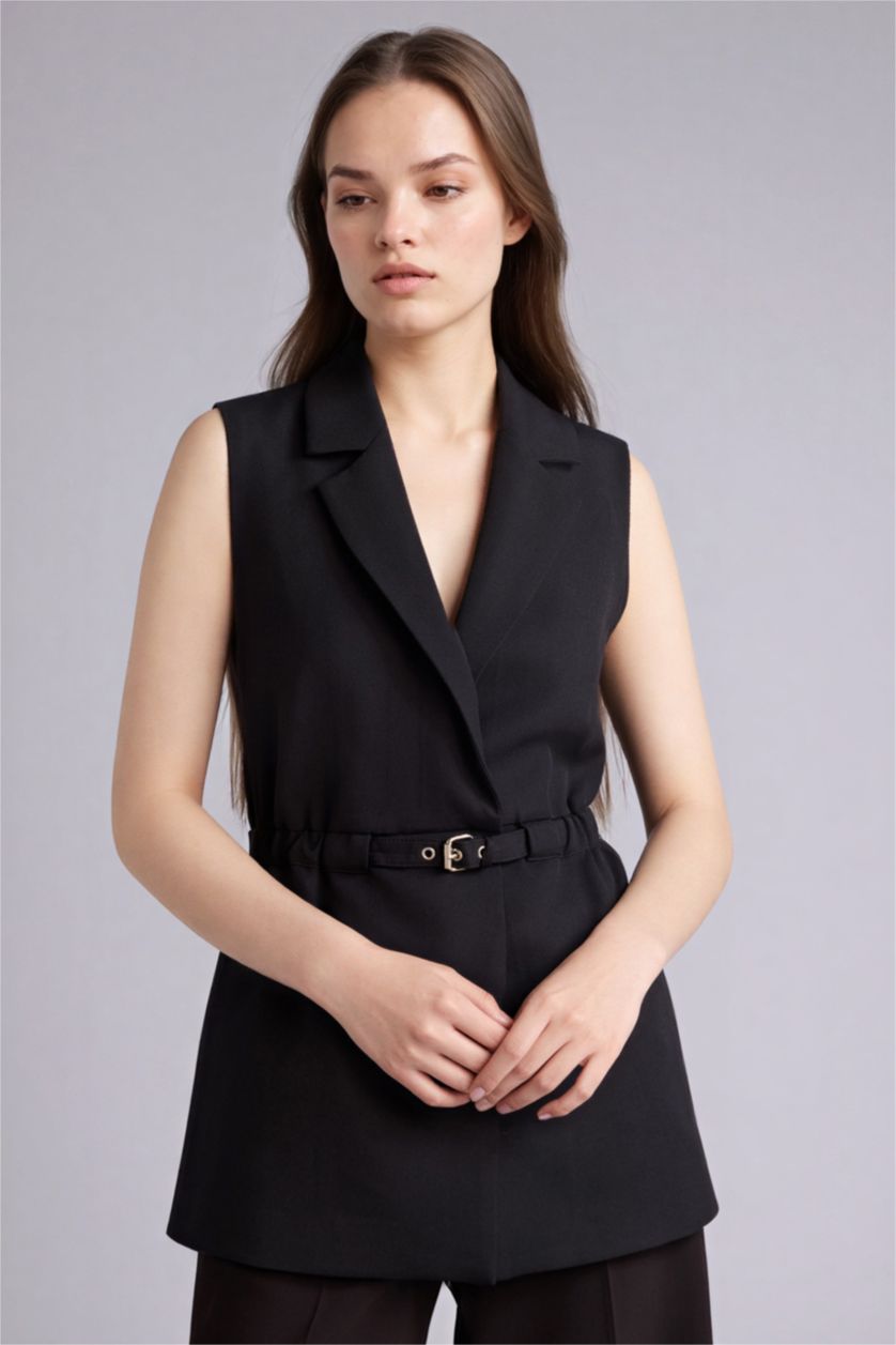 Woman Black Slim Fit Jacket Collar Vest