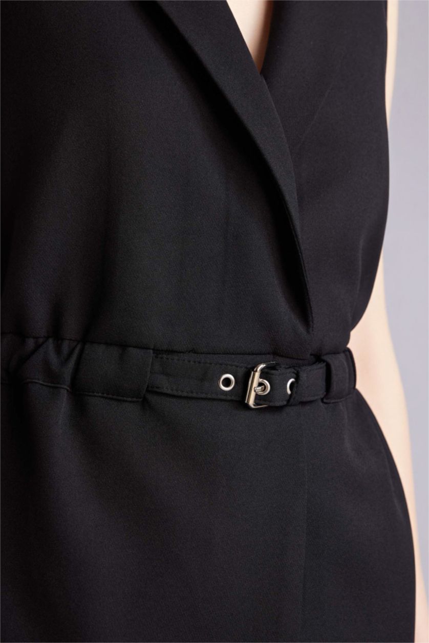 Woman Black Slim Fit Jacket Collar Vest