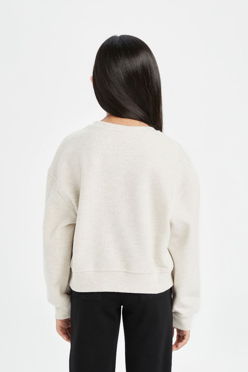 Kız Çocuk - Genç Kız Kum Relax Fit Bisiklet Yaka Baskılı Selanik Kumaş Sweatshirt Kız Çocuk