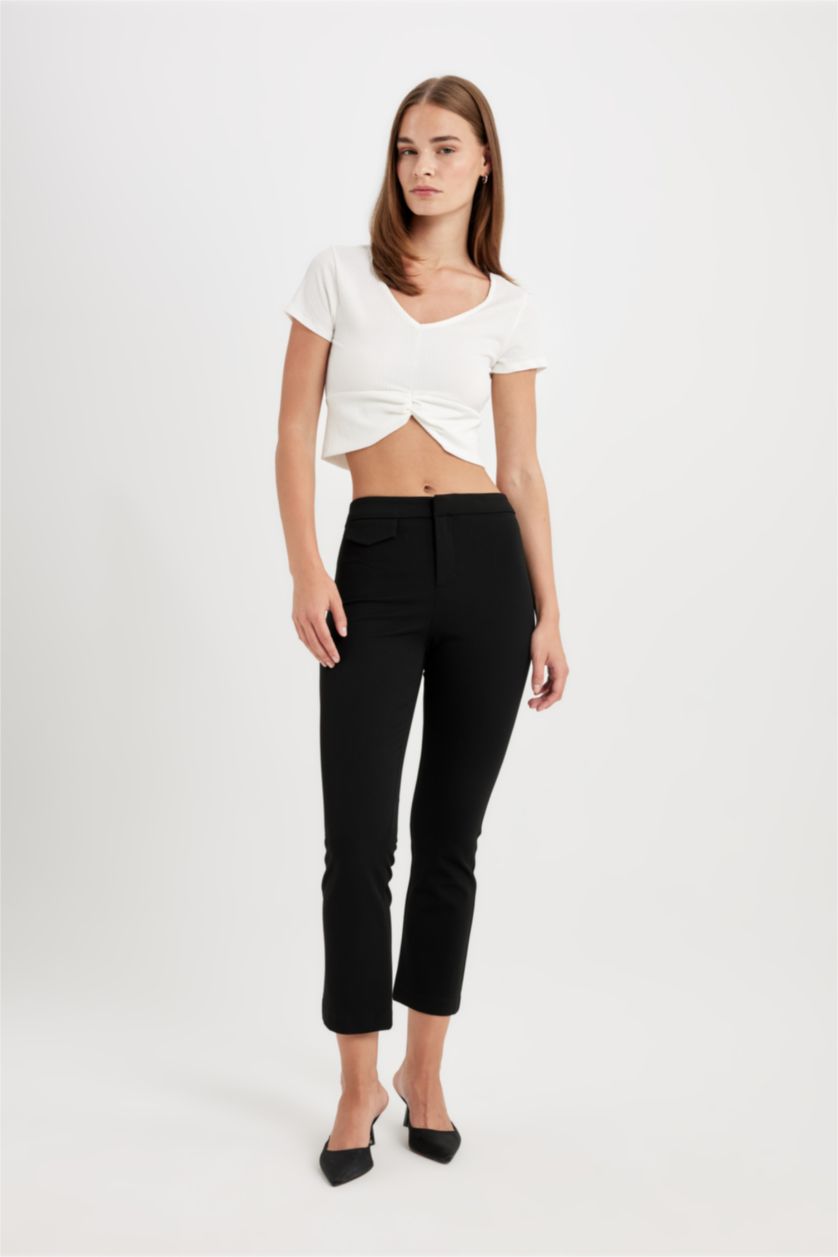 FEMME Noir Pantalon taille haute évasé avec poches