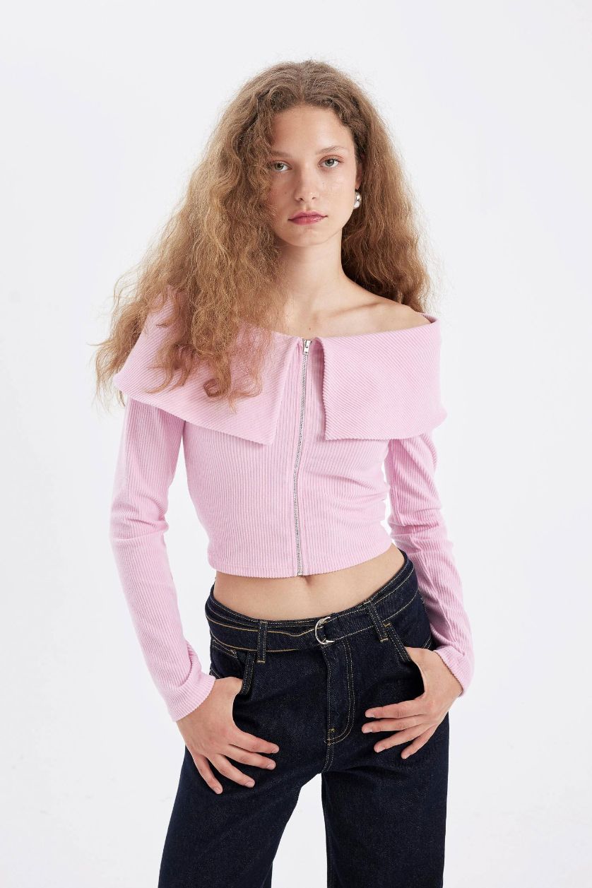 Kadın Açık Pembe Fitted Omuzu Açık Basic Düz Fitilli Kaşkorse Fermuarlı Hırka