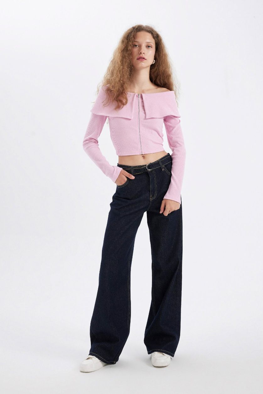 Kadın Açık Pembe Fitted Omuzu Açık Basic Düz Fitilli Kaşkorse Fermuarlı Hırka