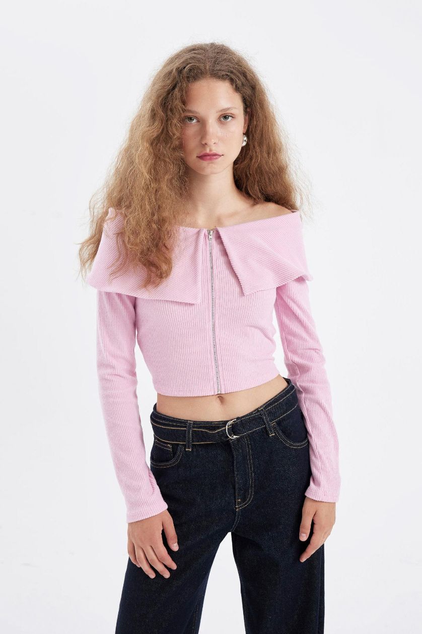 Kadın Açık Pembe Fitted Omuzu Açık Basic Düz Fitilli Kaşkorse Fermuarlı Hırka