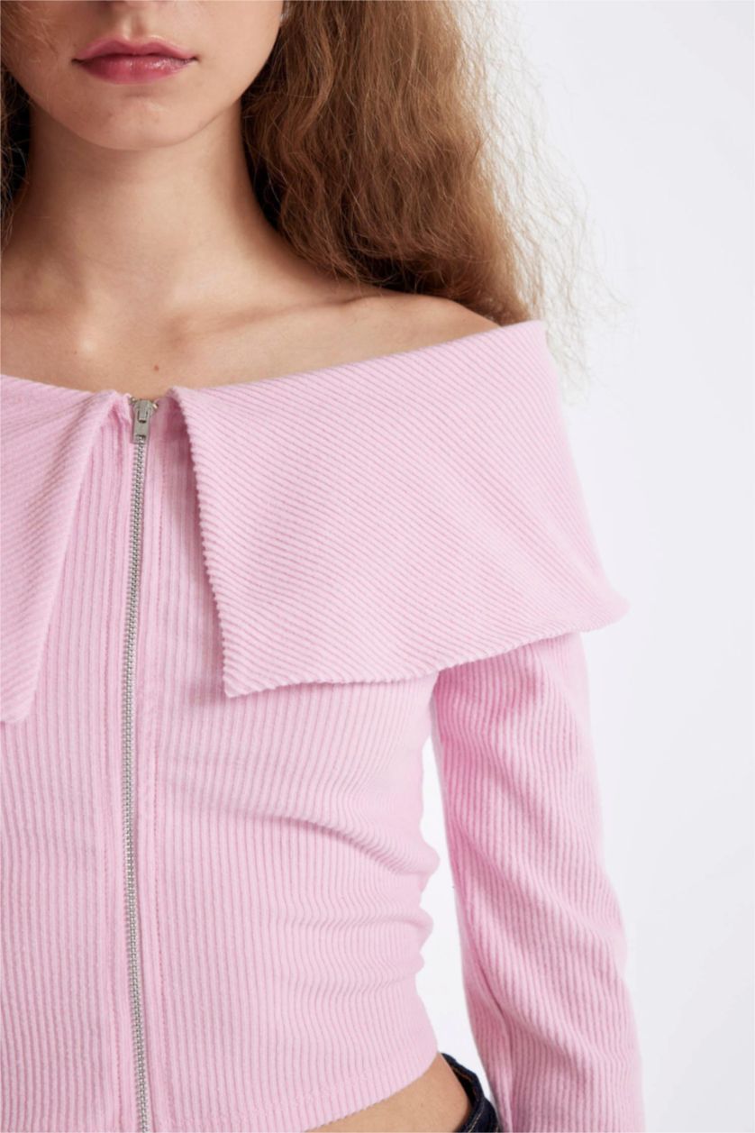 Kadın Açık Pembe Fitted Omuzu Açık Basic Düz Fitilli Kaşkorse Fermuarlı Hırka