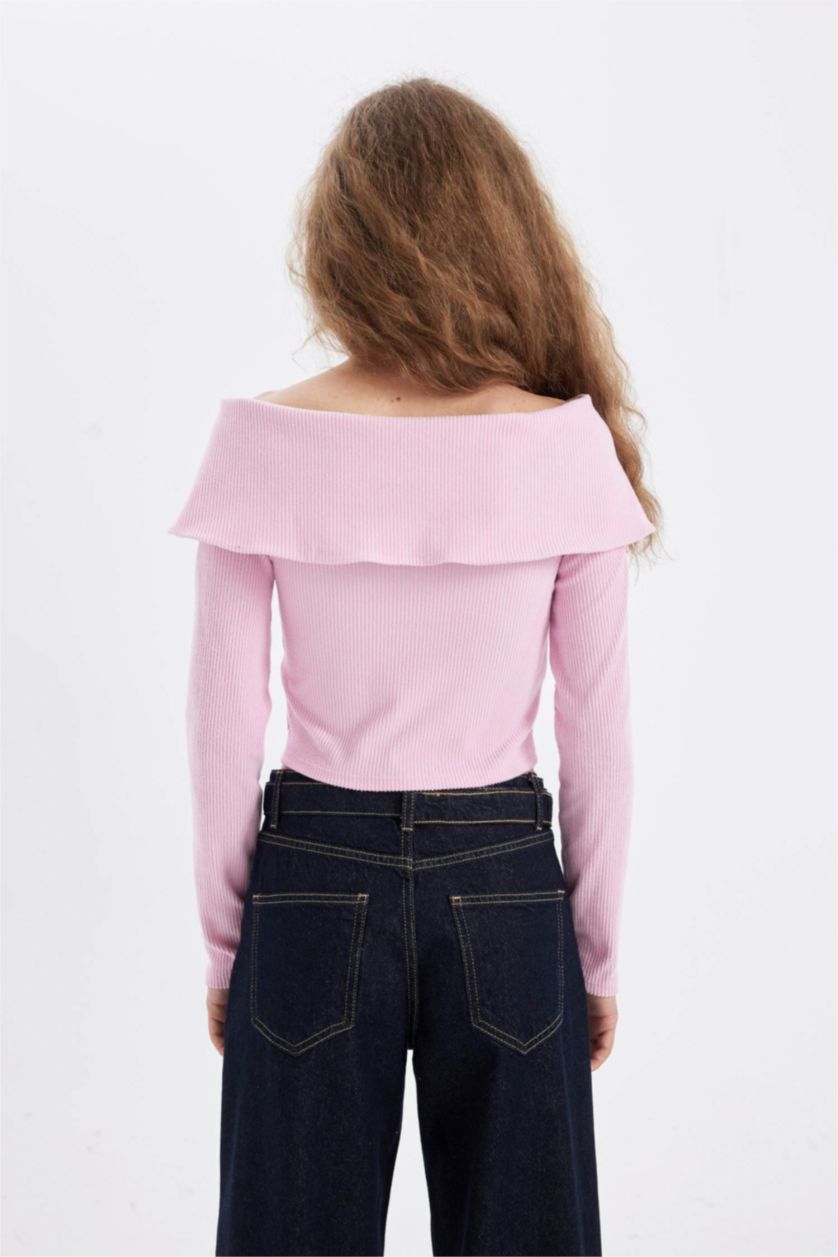 Kadın Açık Pembe Fitted Omuzu Açık Basic Düz Fitilli Kaşkorse Fermuarlı Hırka