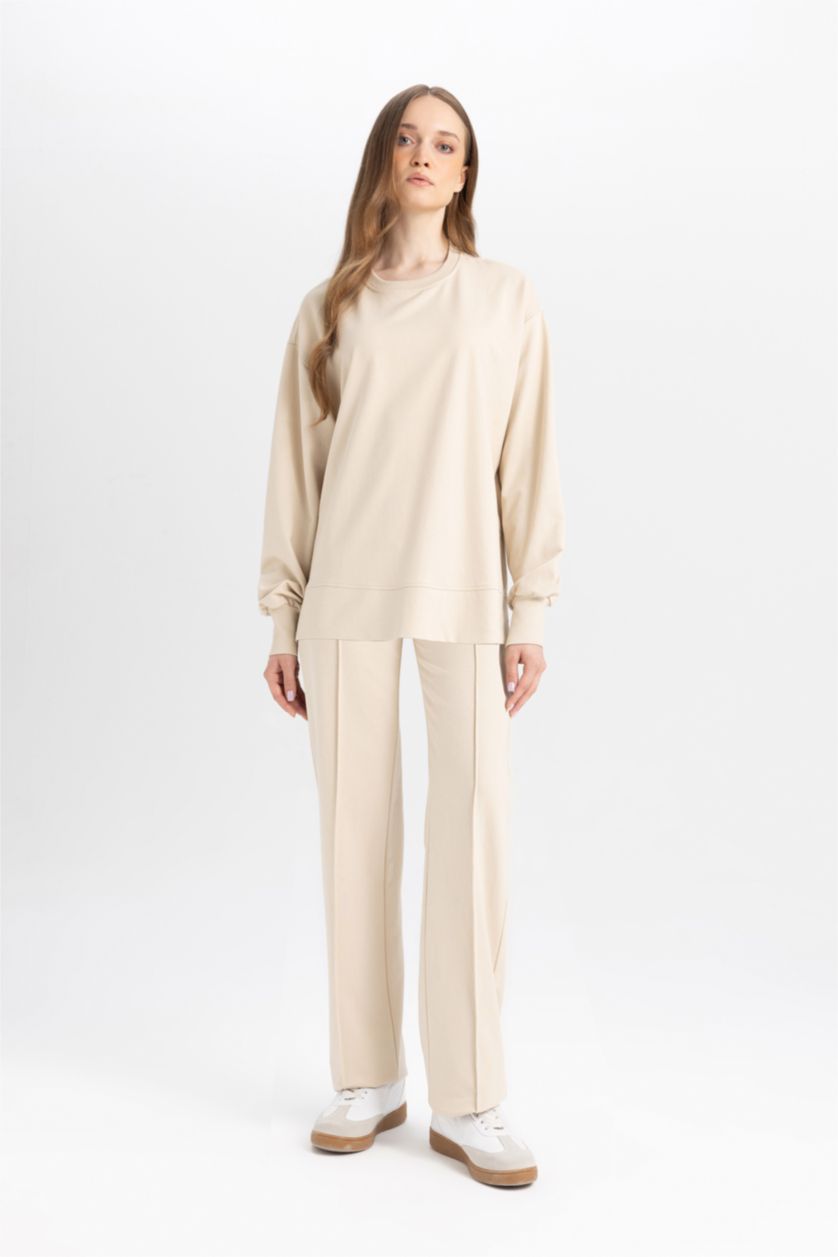 FEMME Beige Tunique en tissu sweat à col rond Coupe régulière