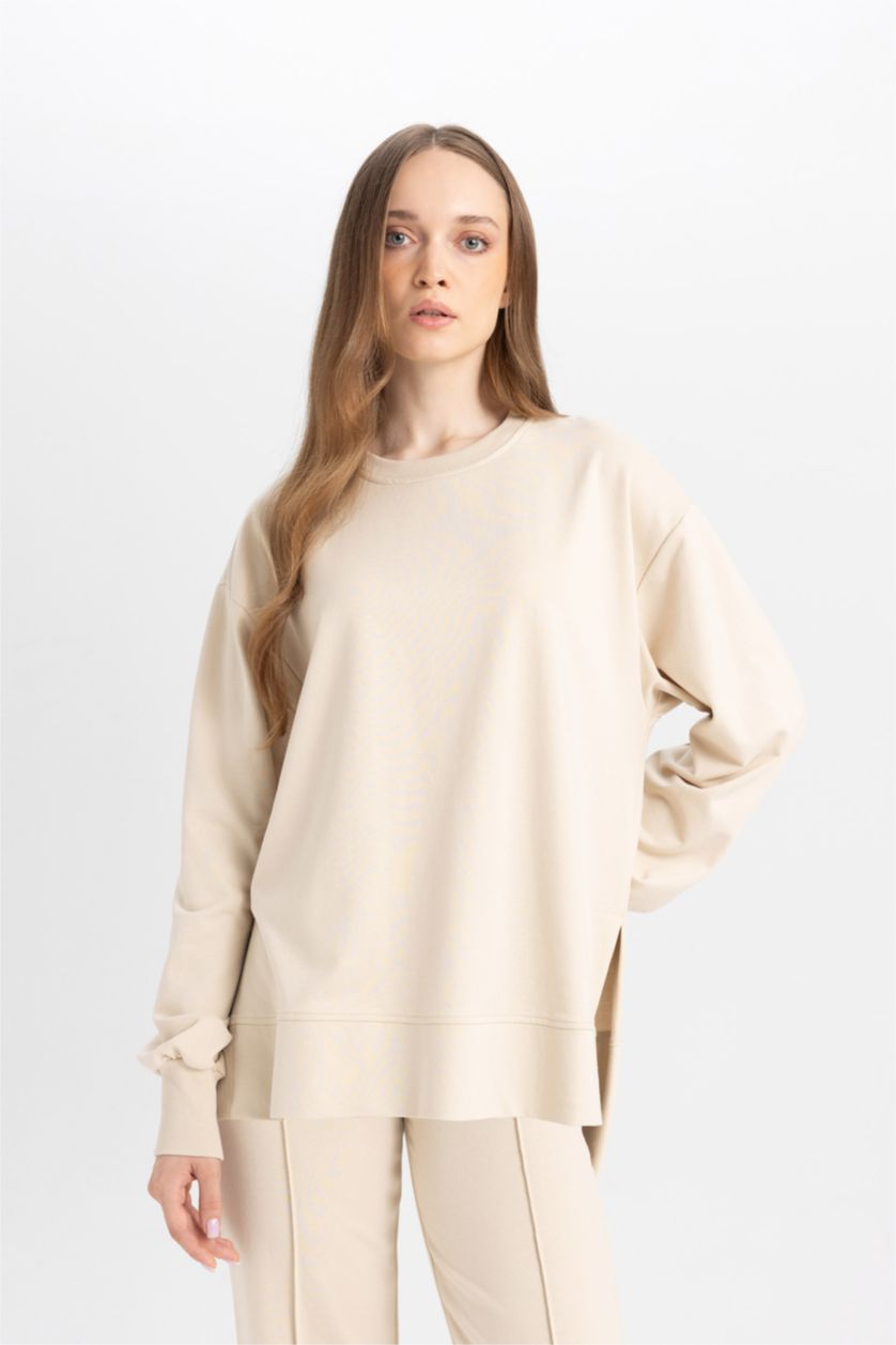 FEMME Beige Tunique en tissu sweat à col rond Coupe régulière