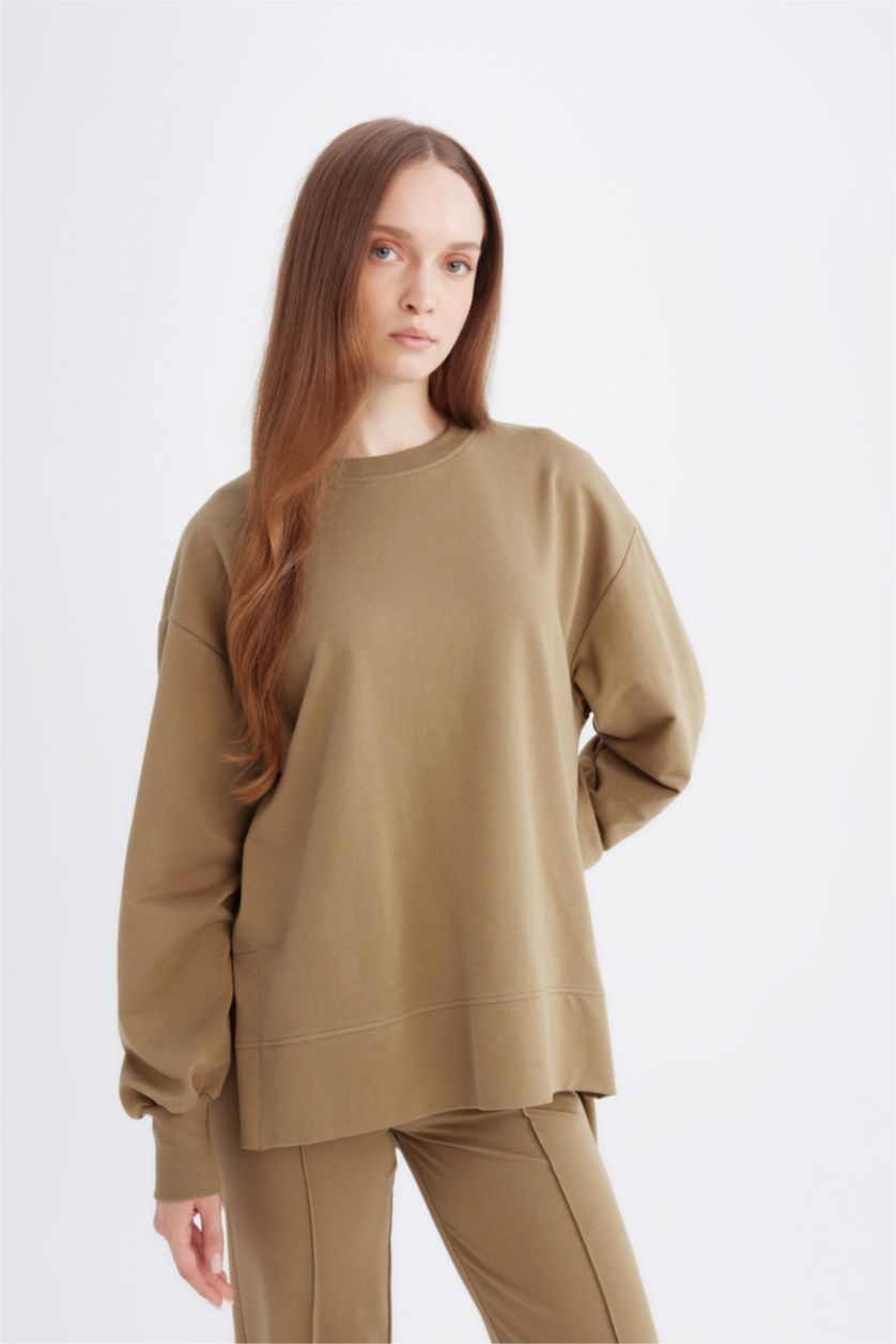 Kadın Haki Regular Fit Bisiklet Yaka Basic Düz Sweatshirt Tunik