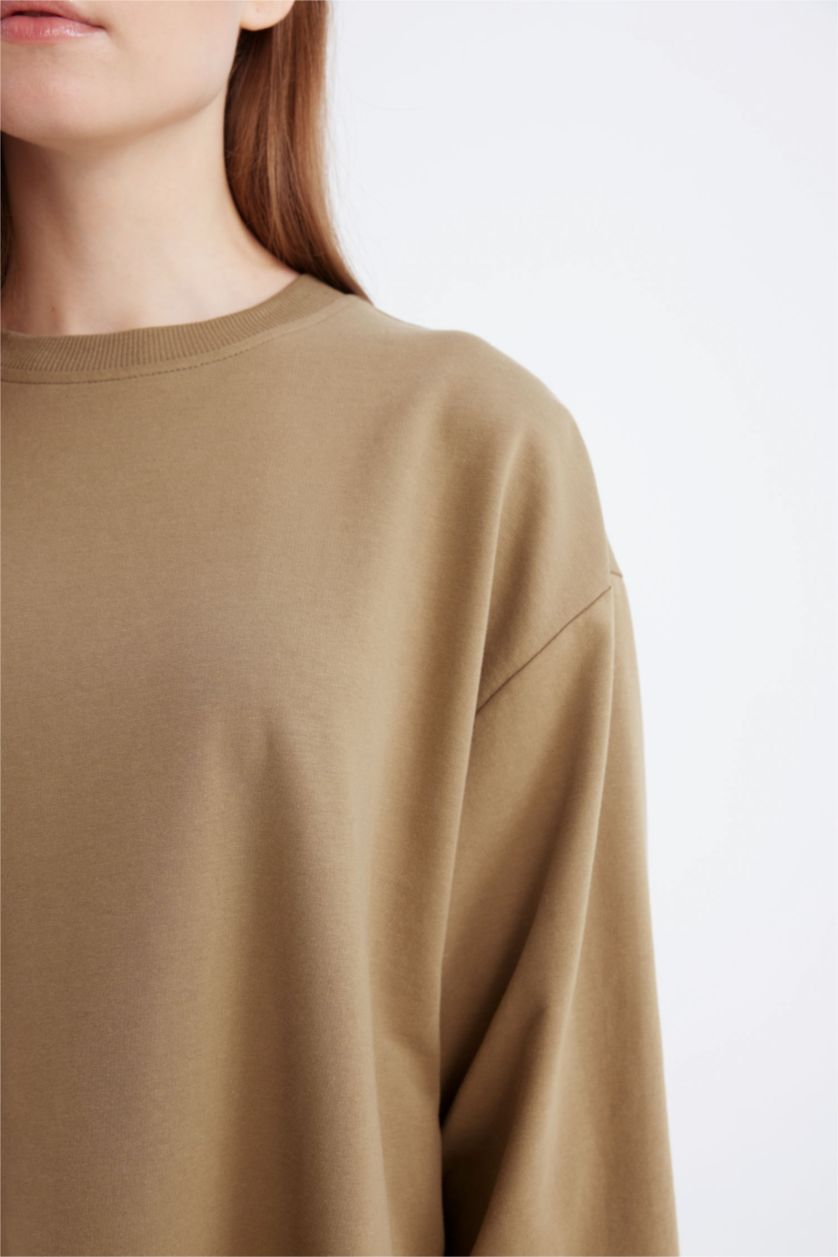 Kadın Haki Regular Fit Bisiklet Yaka Basic Düz Sweatshirt Tunik