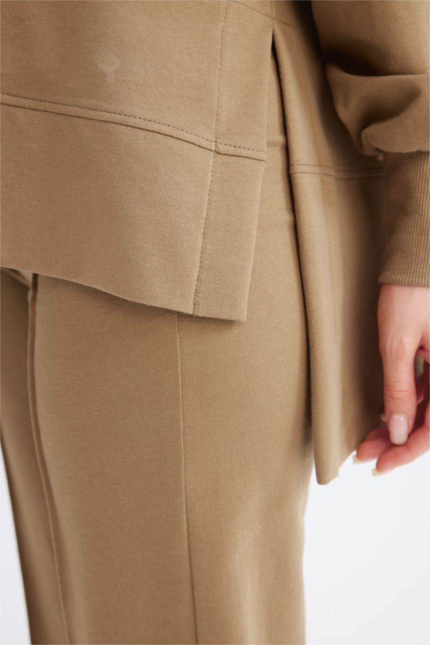 Kadın Haki Regular Fit Bisiklet Yaka Basic Düz Sweatshirt Tunik