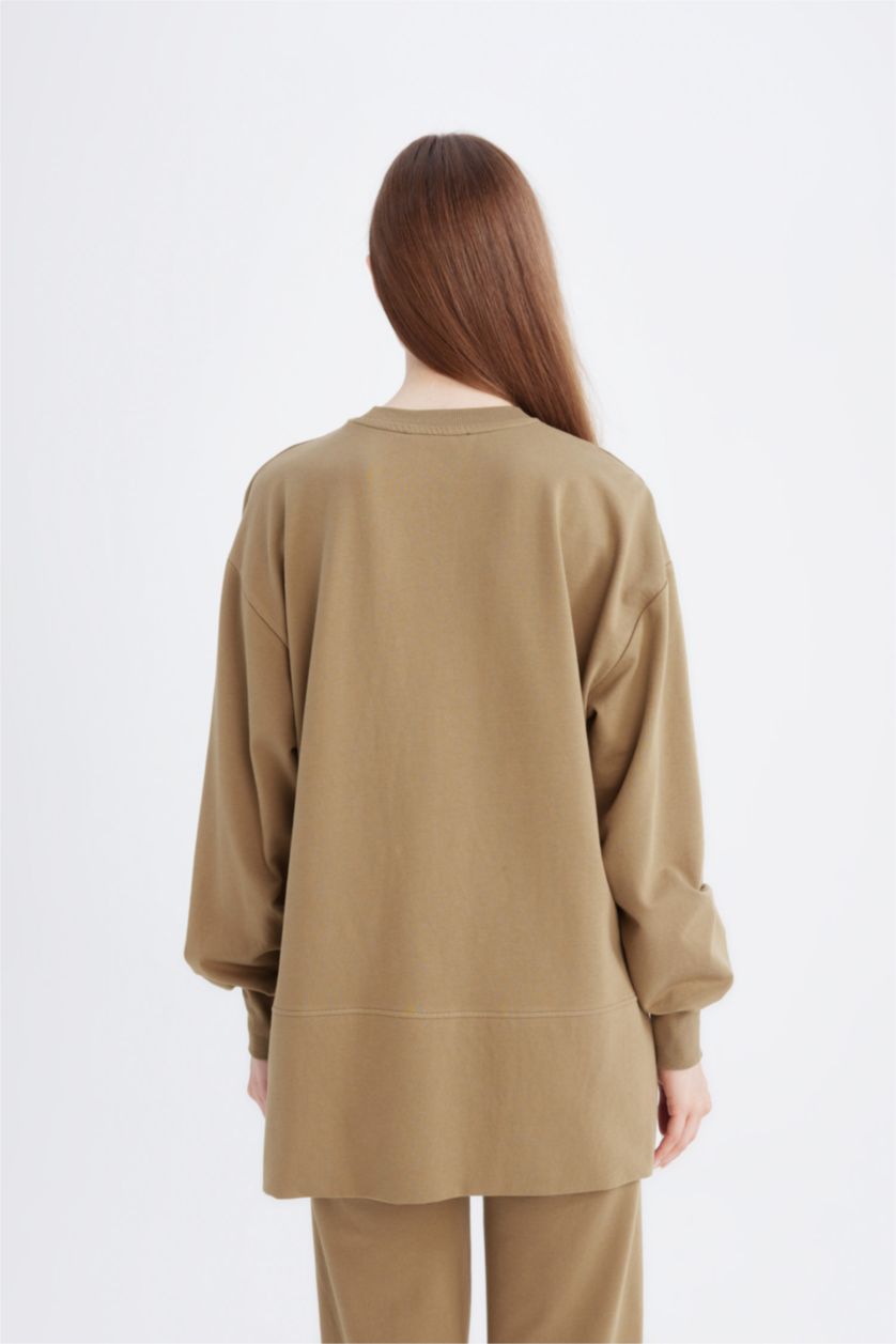 Kadın Haki Regular Fit Bisiklet Yaka Basic Düz Sweatshirt Tunik