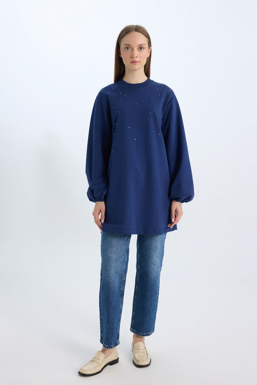 Woman NAVY Regular Fit Balloon Sleeve Stone Detailed Sweat Tunic