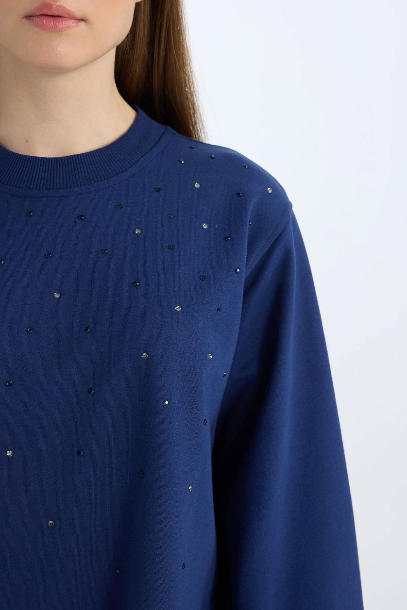 Woman NAVY Regular Fit Balloon Sleeve Stone Detailed Sweat Tunic