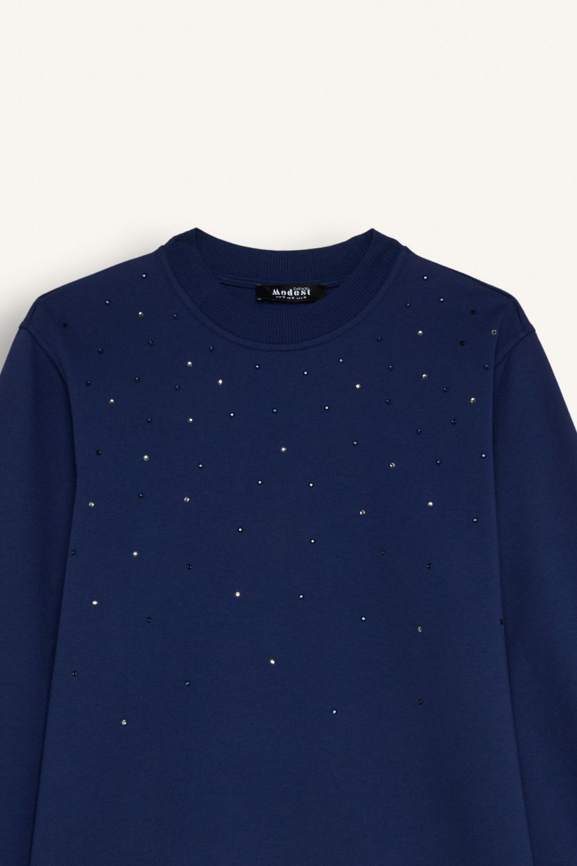 Woman NAVY Regular Fit Balloon Sleeve Stone Detailed Sweat Tunic